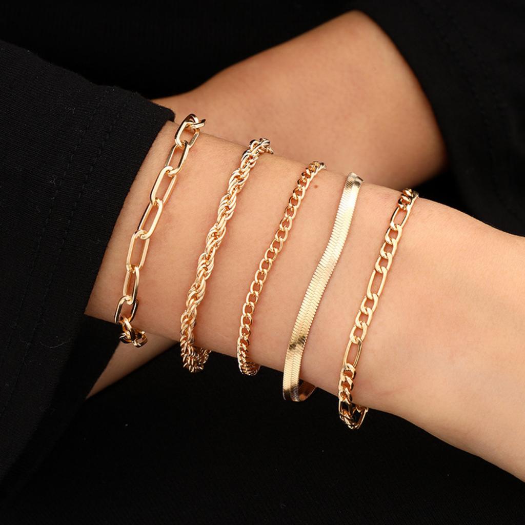 Set of 5 Chain Bracelets Adjustable Length Metal Link Bracelets for Women and Men Layered Stackable Jewelry Accessories