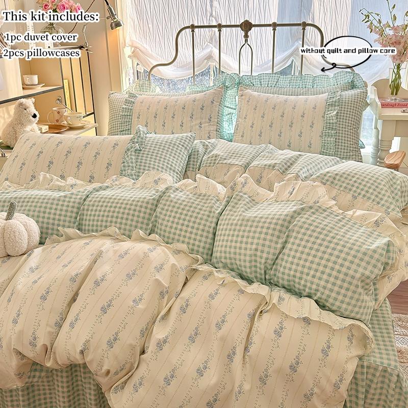 3pcs 100% Cotton Duvet Cover Set (1*Duvet Cover + 2*Pillowcase, Without Core), Korean Lace Bedding Set, Soft Comfortable