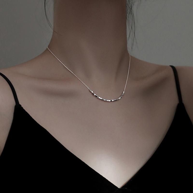 Pure Silver Square Geometric Clavicle Necklace Light Luxury Niche Women Jewelry