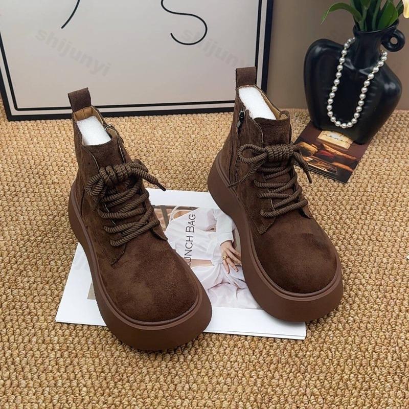 Women's High Top Snow Boots Winter Fashion Side Zipper Shoes Comfortable Cross Tied Height Increase Short Boots
