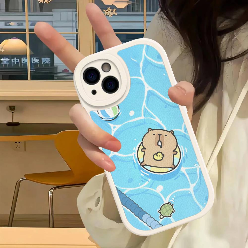 Cartoon Capybara Leather Phone Case For IPhone 16 16e 15 14 13 12 11 Pro Max Plus Mini Cover
