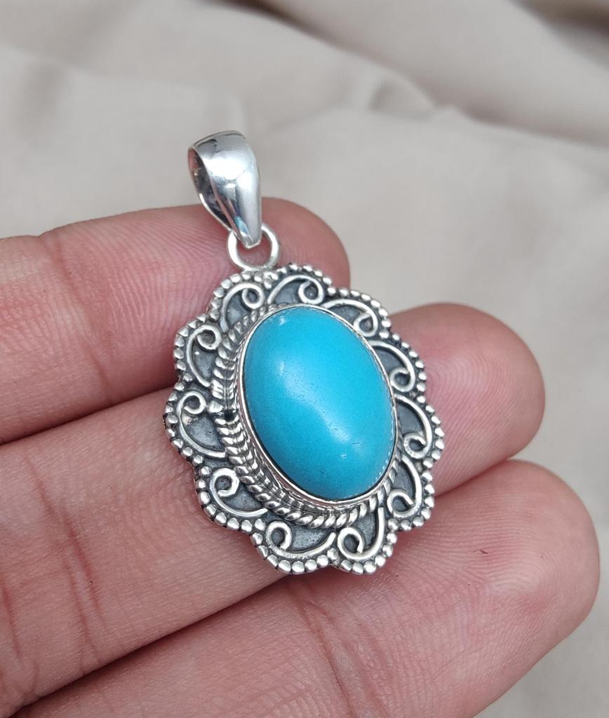American Turquoise Pendant: Handmade 925 Silver Boho Necklace