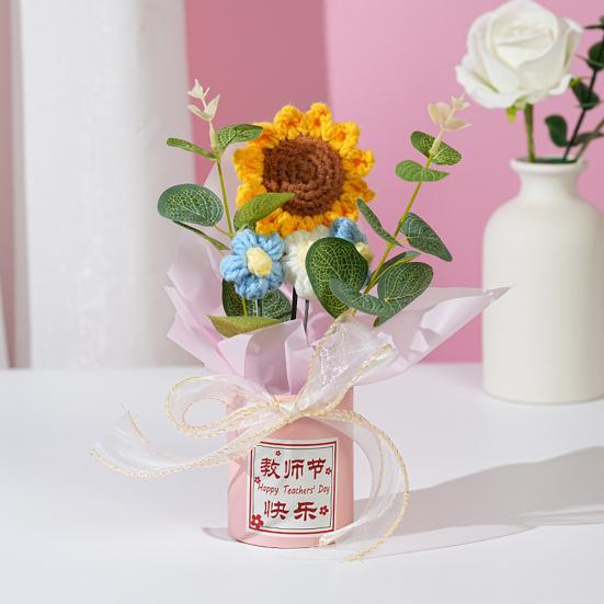 Teachers' Day Crochet Sunflower Bouquet with Eucalyptus Leaf Handmade Knitting Yarn Floral Decoration Home