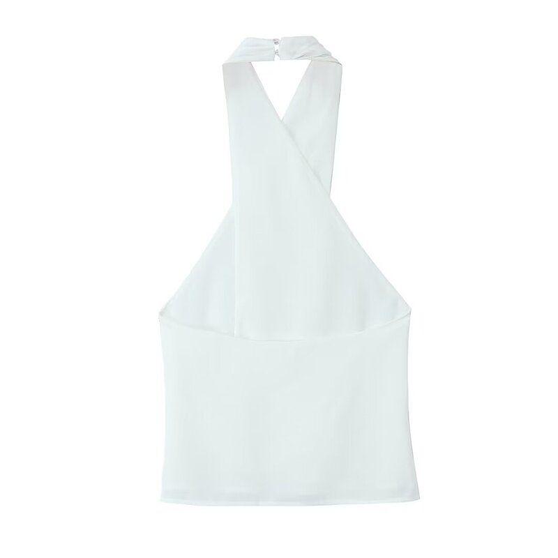 Fashion Style 2024 Summer Female Open Back Cross Design Hanging Collar Strappy Sleeveless Tank Top Tops 3034318