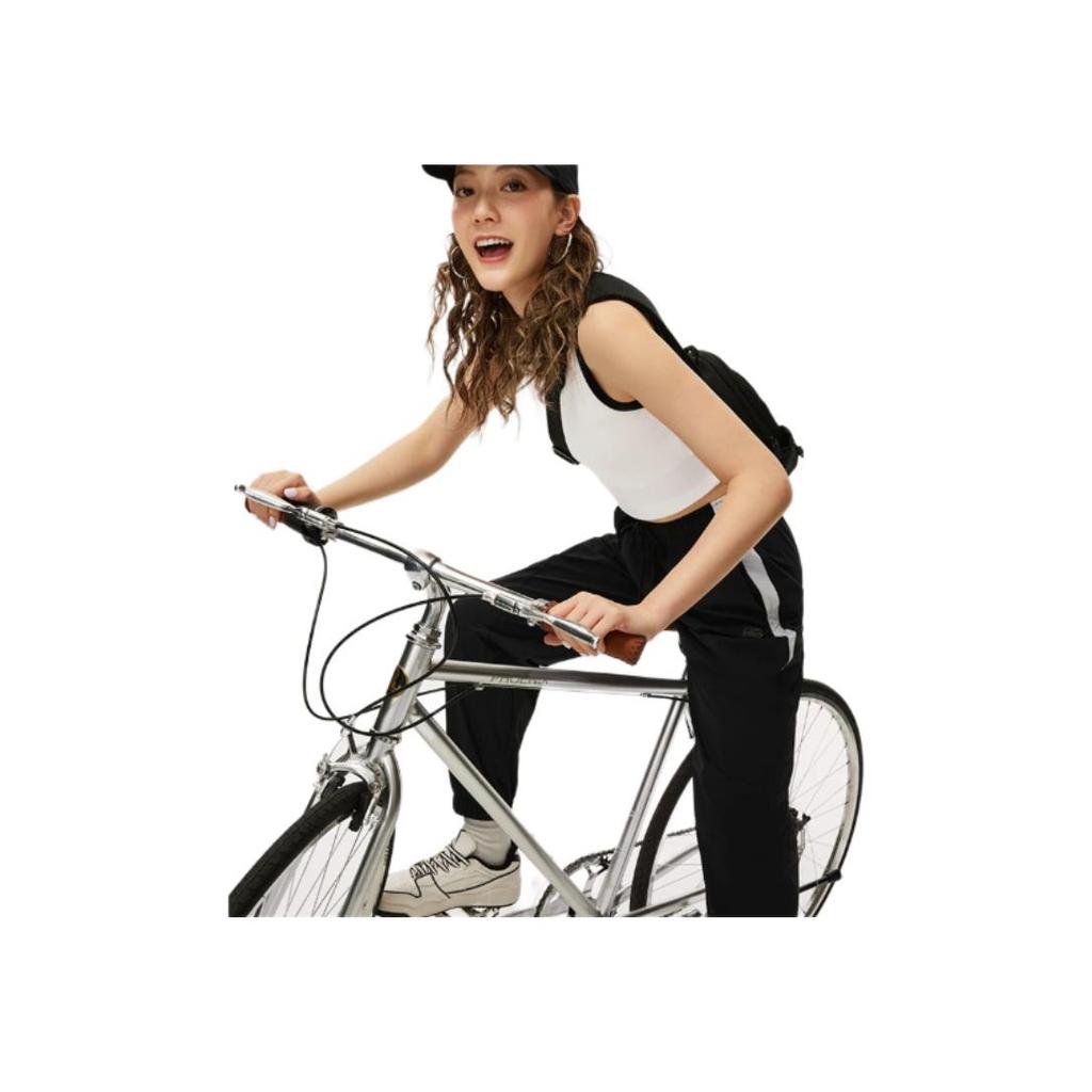 Li Ning Sports Lifestyle Series Solid Color Mid Waist Drawstring Loose Cuff Knitted Sports Pants Women bottoms Standard-White AYKU366-1