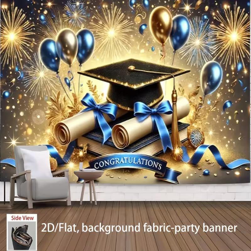 Elegant 2026 Grad Party Backdrop, Blue Gold Ribbons Fireworks Diplomas Grad Cap for Graduation Decor