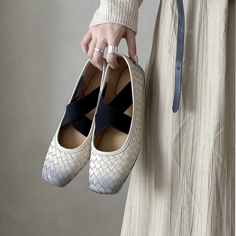 Super soft runaway egg roll shoes cowhide Mary Jane 2025 low heel round head ballet cross strap leather soft sole single shoes women