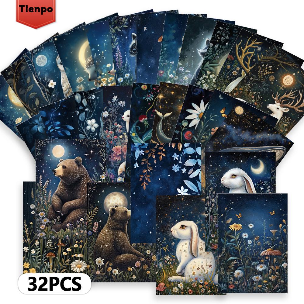 32pcs, Dreamy Forest Animal Illustrations, Night Scenes + Small Animals, Wall Stickers, Mailing Cards, Greeting Cards, DIY P