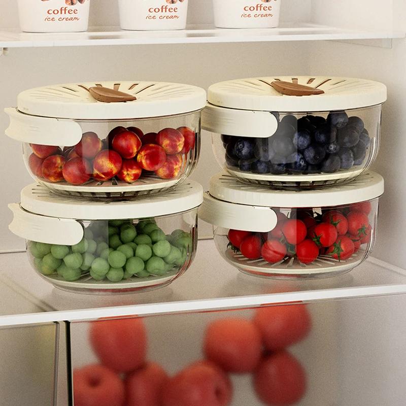 Plastic Fruit Drain Basket Kitchen Organizer Fruit Rice Washing Drain Basket Refrigerator Storage Box Food Storage Container