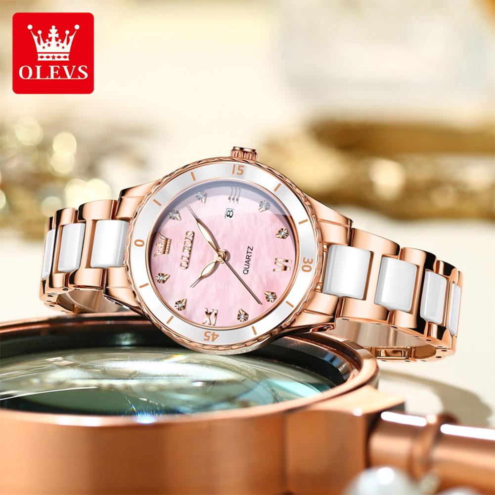 OLEVS 9985 Elegance Dámské Originální Quartzový Strojek Hodinky Keramická Ocel Okénko s Datem Diamantové Svítící Vodotěsné Hodinky