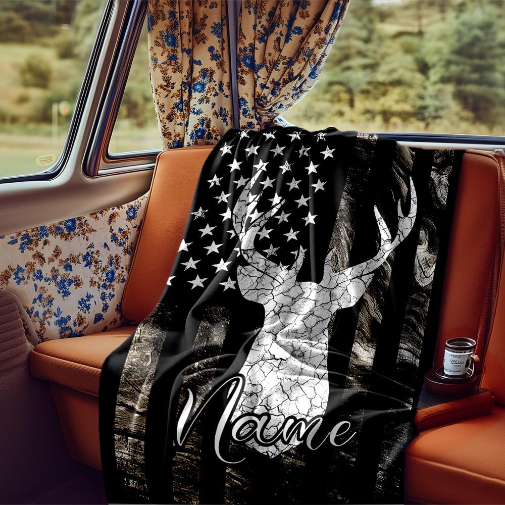 Deer Skull With American Flag And Camouflage Background Blanketcustomize Your Name Lightweight Comfortable And Stylish Blanket For Travel Bed Home