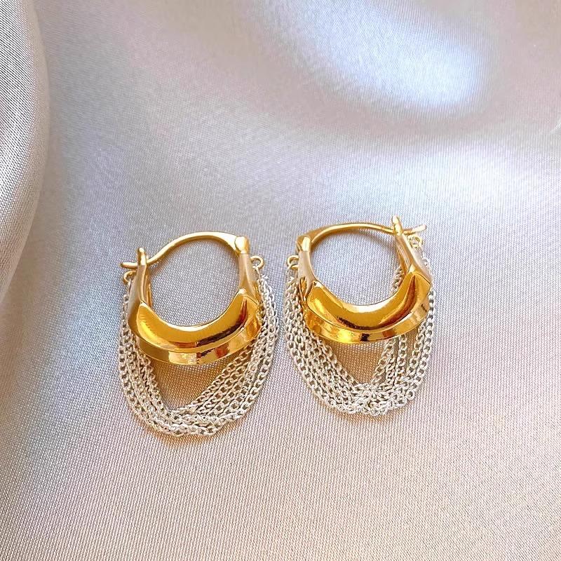 Fashion chain fringed earrings, new popular high-end gold and silver contrasting colors, retro earrings, exaggerated ear buckles