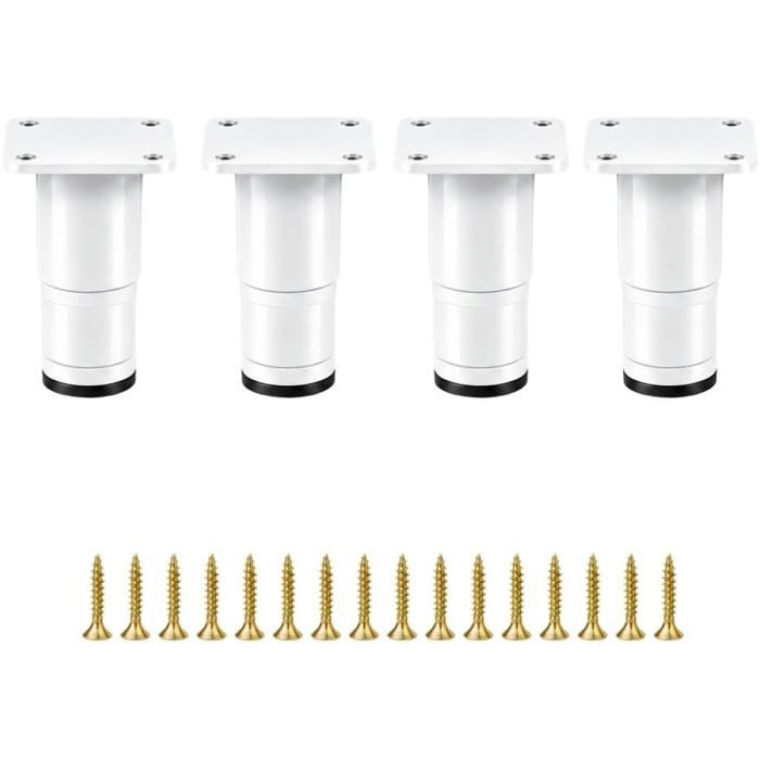 Lot de 4 Pieds de Meuble Réglables en Acier 8-11,5cm, Blanc, Plaque de Fixation Solide, Embouts Antidérapants