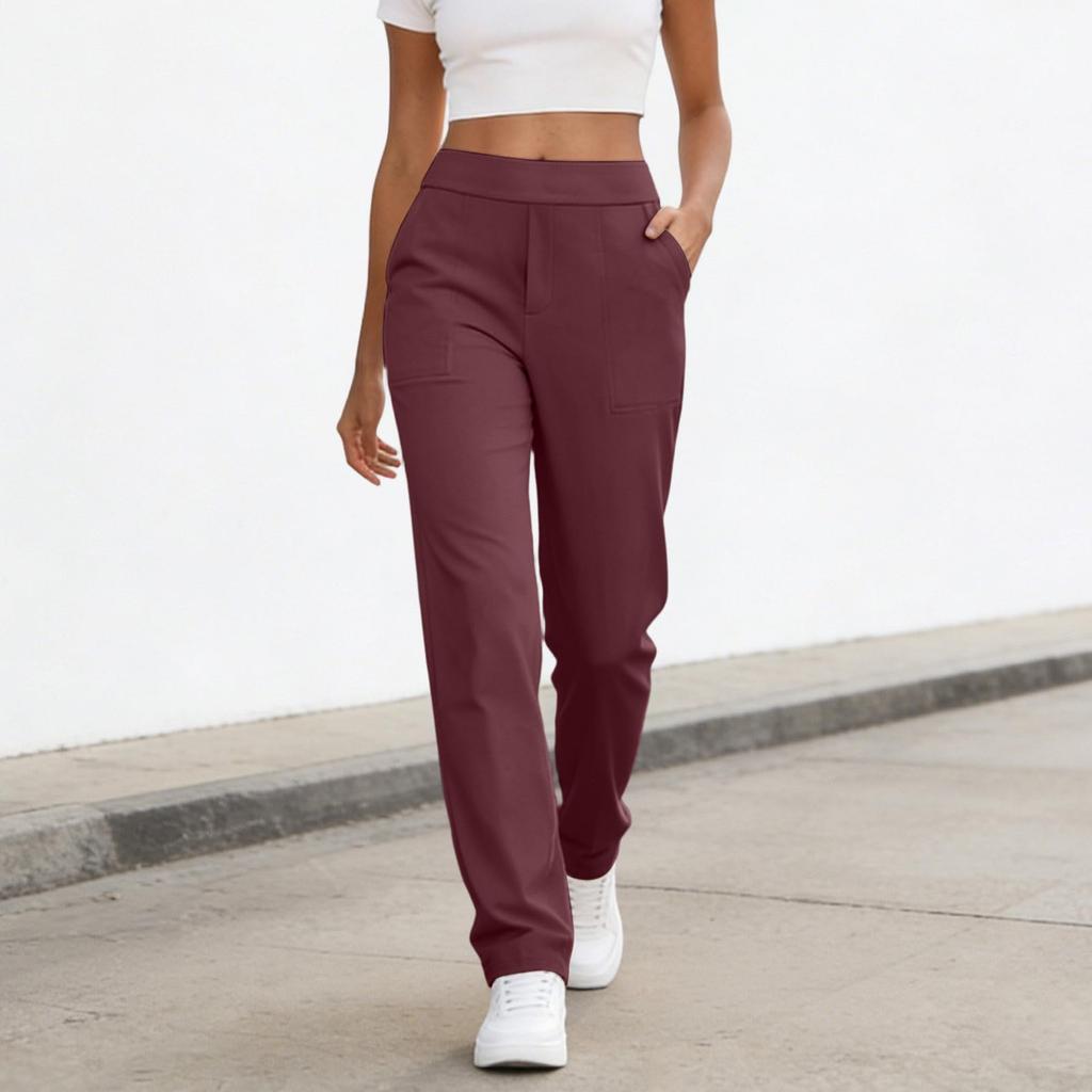 Women's Fashionable Color High Waisted Elastic Straight Leg Casual Pants With Pockets, Yoga And Fitness Pants