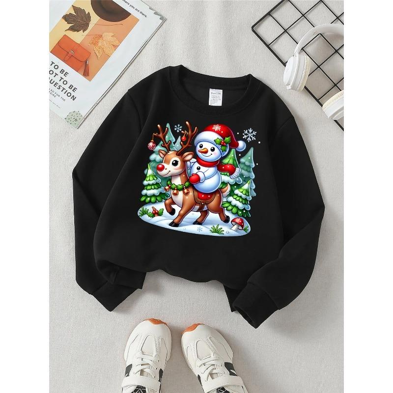 European sizes Christmas Reindeer Snowman Girls' Fashionable Crewneck Sweatshirt, Western Top, Children's Long Sleeved Casual Tee