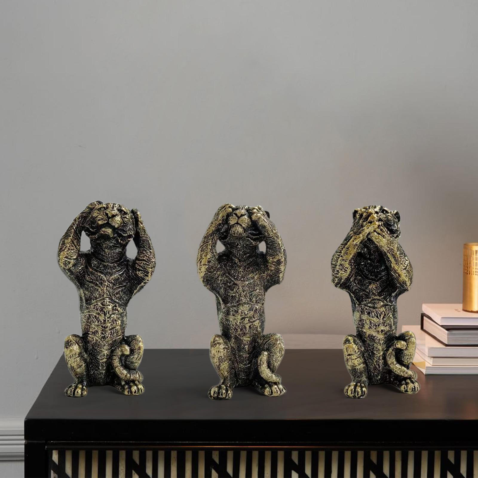 

3 шт., маленькие статуи тигра, скульптуры животных, украшения, коллекции фигурок, смола чёрный