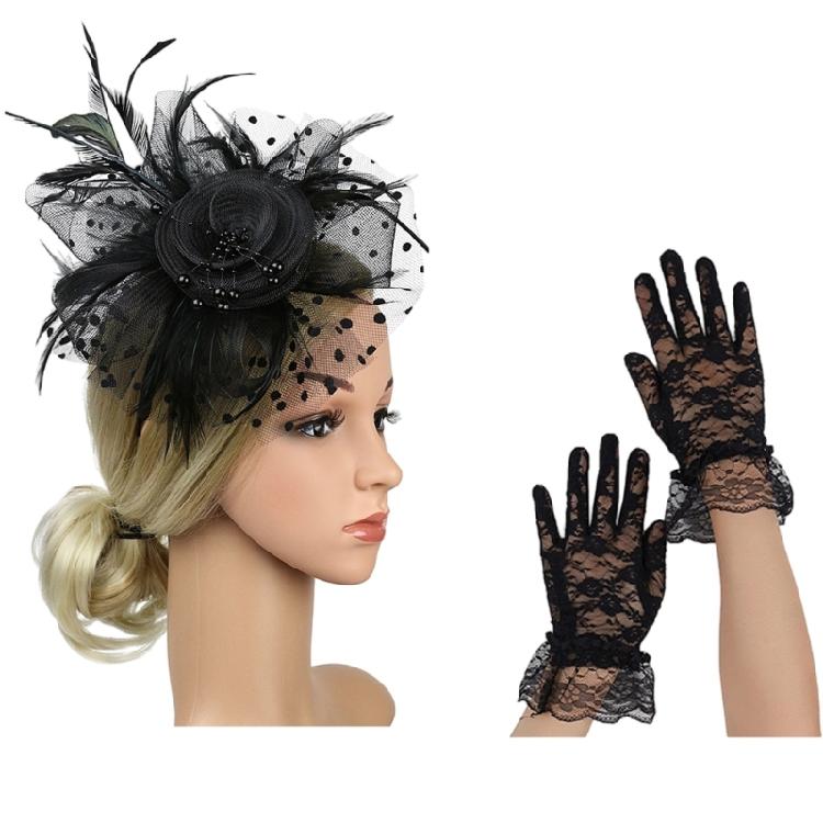 

Elegant Hair Clip Pillbox Fascinator Hairpiece Wrist Lace Gloves Set For Bridal Showers Garden Parties Weddings Party чорний