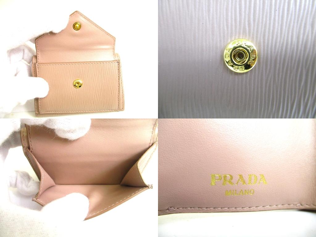 Authentic PRADA Beige Leather Trifold Wallet Compact Wallet #b149  Open Box