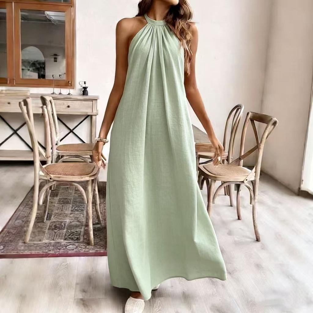 European and American summer new solid color loose fashion neck dress vacation dress