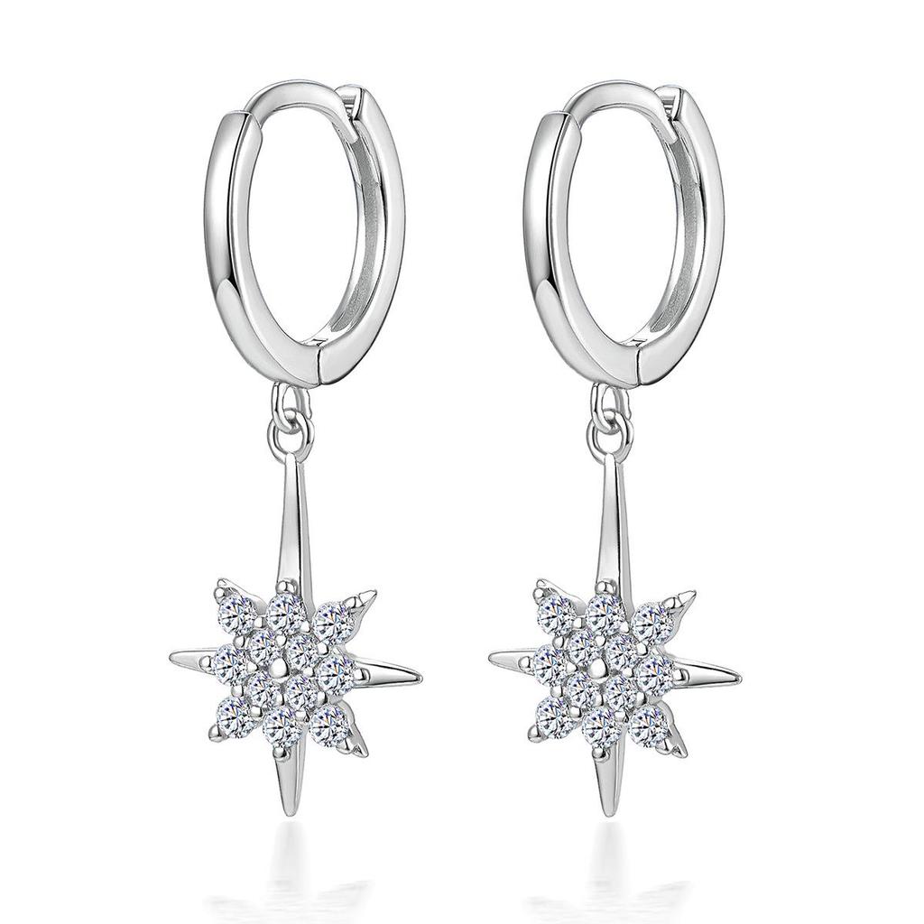 S925 Sterling Silver Eight-Pointed Star Rhinestone Snowflake Dangle Earrings for Women