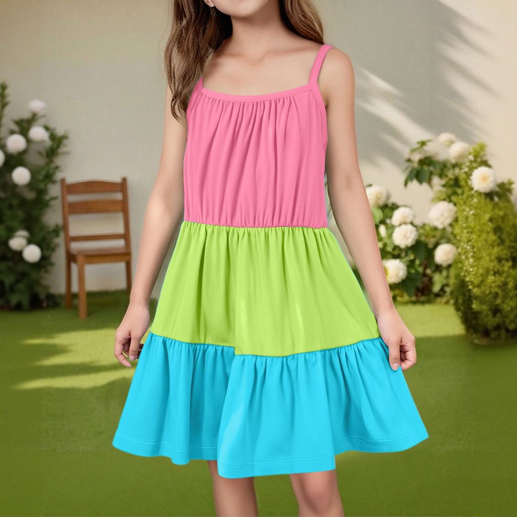 Rochie de vară casual pentru copii, cu gât rotund, culoare uni, fără mâneci