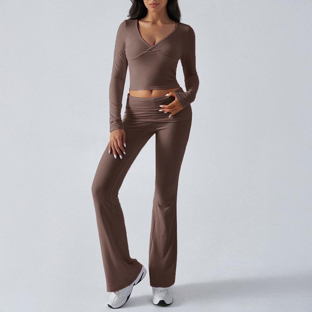 European-American Women's Casual Sports Slim Knit Two-Piece Set - Long Sleeve Top & Pants, Lazy Style.