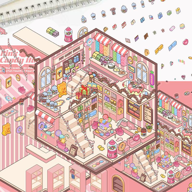 Cartoon Landscape Sticker Pink Candy House Miniature World 3D House Unzip DIY Scene Manual Post
