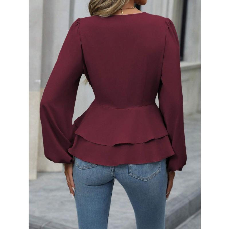 DAFIFY Moda damska Casual Wiosna Jesień Jednolity kolor Drukuj Bluzki i koszule z długim rękawem i dekoltem w kształcie litery V