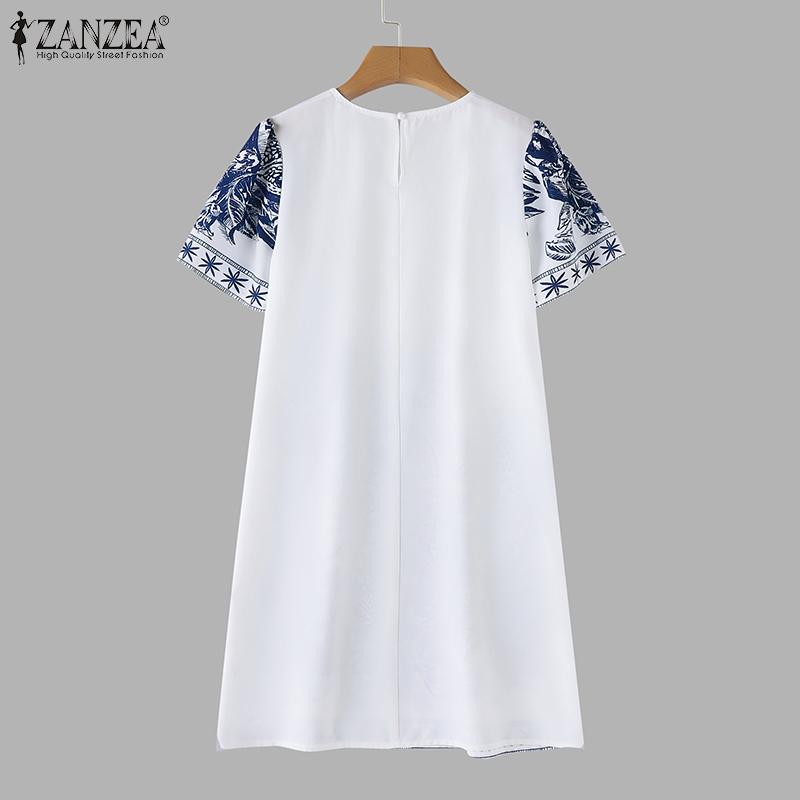 ZANZEA Damen Sommerkleider mit Rundhalsausschnitt und kurzen Ärmeln und bedruckter Taille