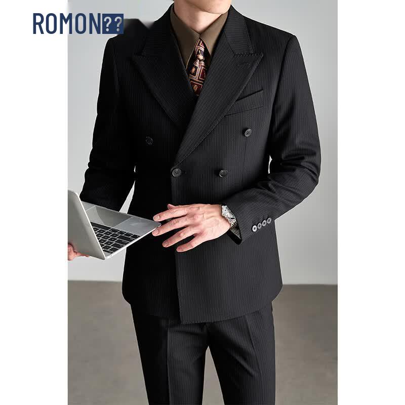 ROMON Men s Italian Craft Striped Double-Breasted 3-Piece Suit Set 6XL