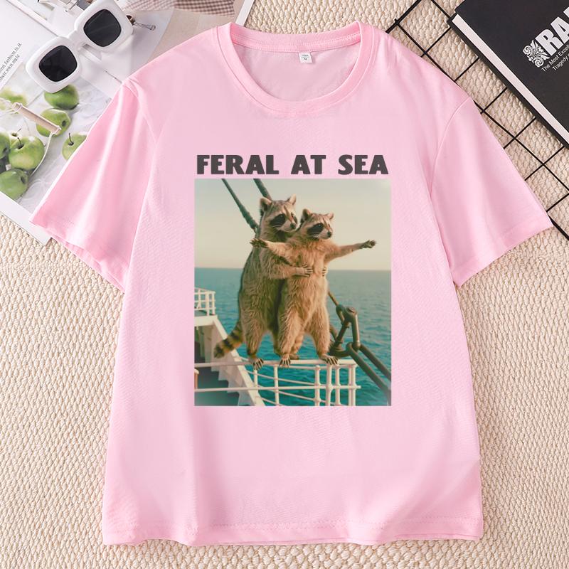 Funny Raccoon Parody TShirt Feral At Sea Cruise TShirt Vacation Graphic T Shirts Summer Round Neck Printed Clothing Tops