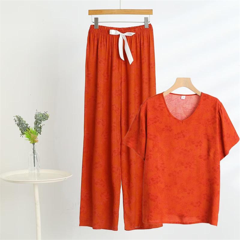 

Летний женский комплект из хлопка и вискозы с цветочным принтом, состоящий из топа с V-образным вырезом и короткими рукавами и брюк широкого покроя, для мам среднего и пожилого возраста 4XL