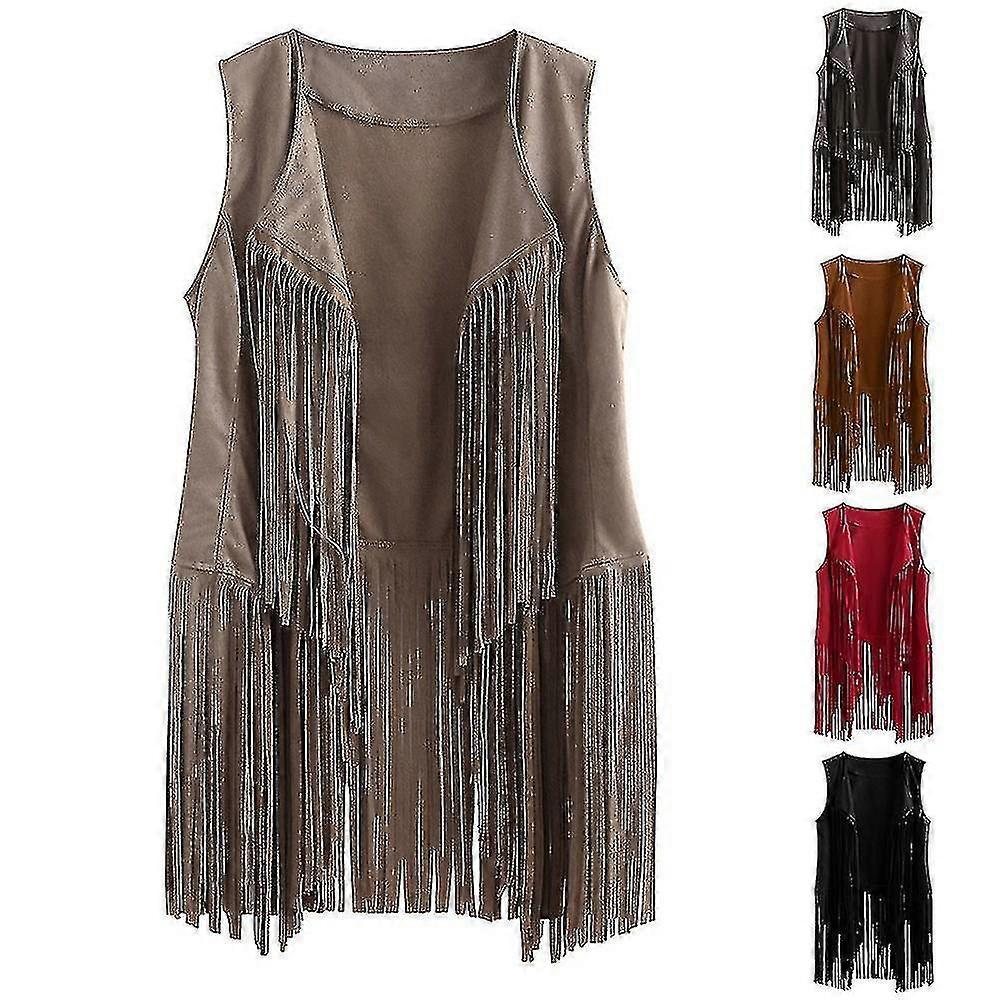 1920s Womens Cowboy Cowgirl Tassel Waistcoat Sleeveless Vest Hippie Jacket Retro Motorcycle Coat-yujia-yujia