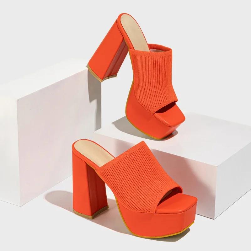 Roma Style Knitted Platform Slippers Chunky High Heels Women Peep Toe Pumps Ladies Shoes Sandals Size 35-42