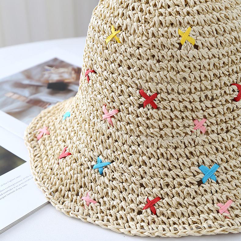 Sweet Color Woven Straw Hat Women's Summer Seaside Beach Hollow Crochet Sunscreen Hat Vacation Big Brim Sun Hat