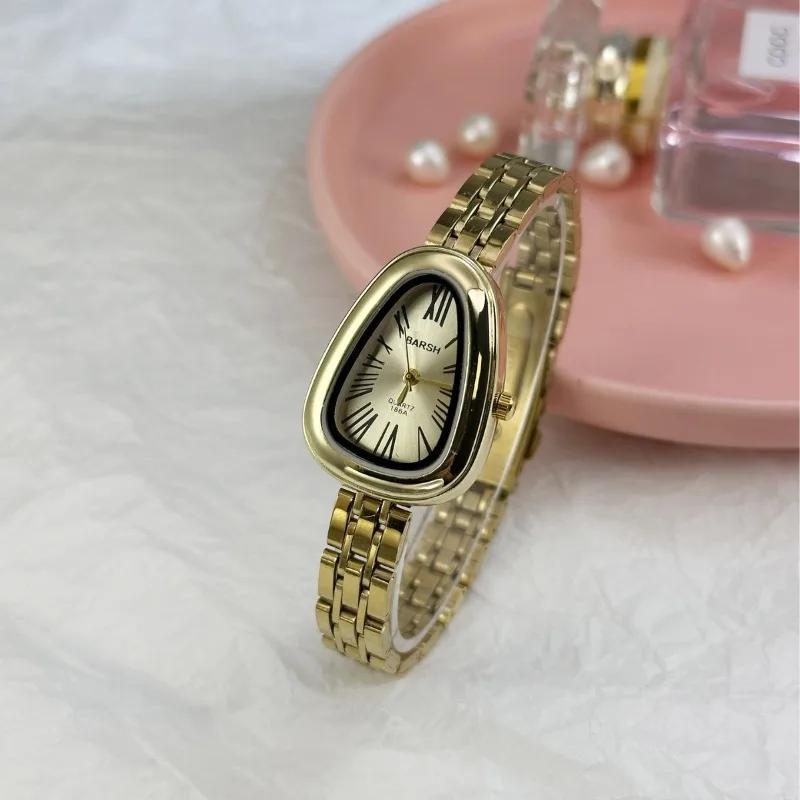 Damen Quarz Uhr mit unregelmäßigem Zifferblatt in Schlangenkopf-Optik, Edelstahlarmband, Armbanduhr, Mode, Luxusuhr