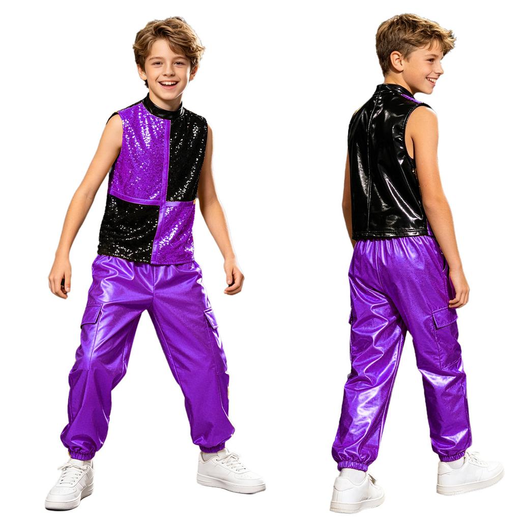 Boys Metallic Jazz Dance Costume Mock Neck Sleeveless Back Zipper Shiny Sequins Color Block Top Cargo Pants
