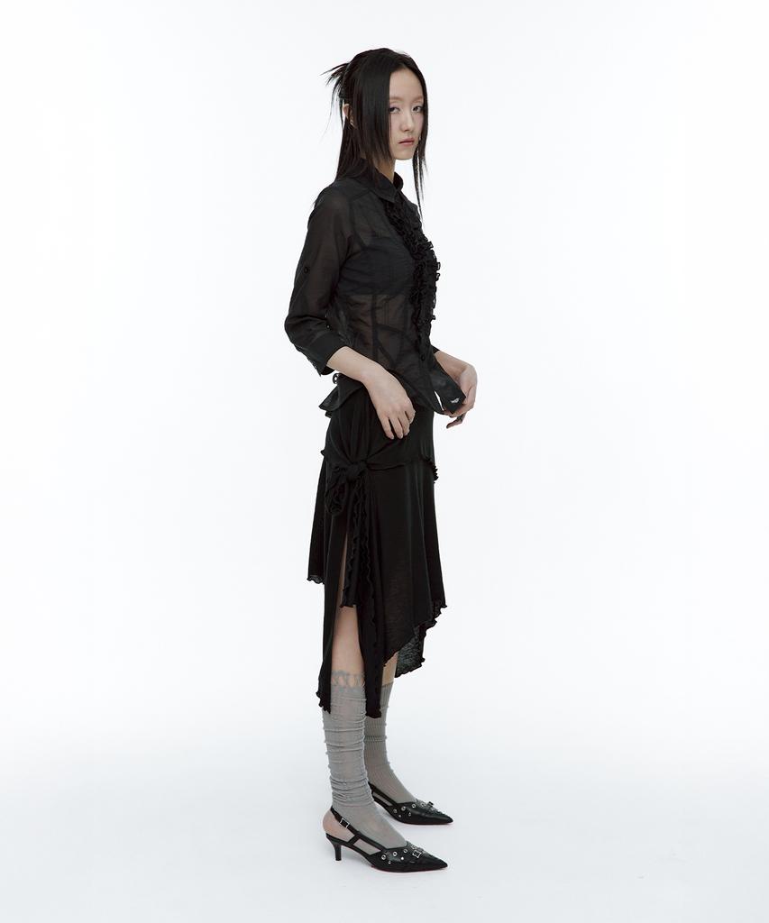 Rough Neck Asymmetrical Tie Knit Skirt Black