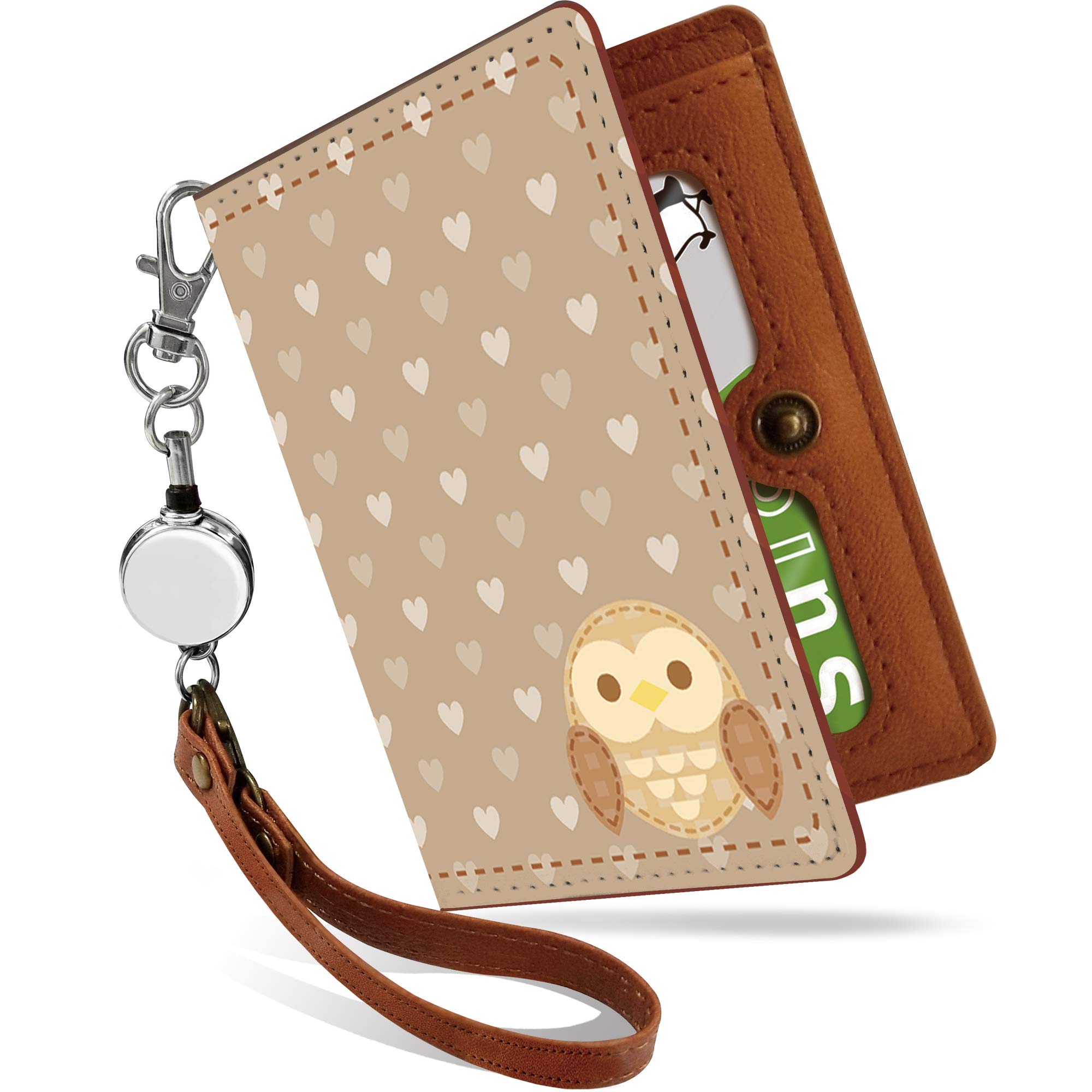 

Pretimo Pass Case with Reel, Illustration, Bifold, See-Through, Women s, Animal Print, Brown [Owl, Heart, Dotsps]