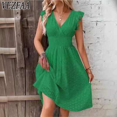Women's Fashion Summer Spring Solid Color Print Sleeveless V-Neck High Waist Casual Dresses