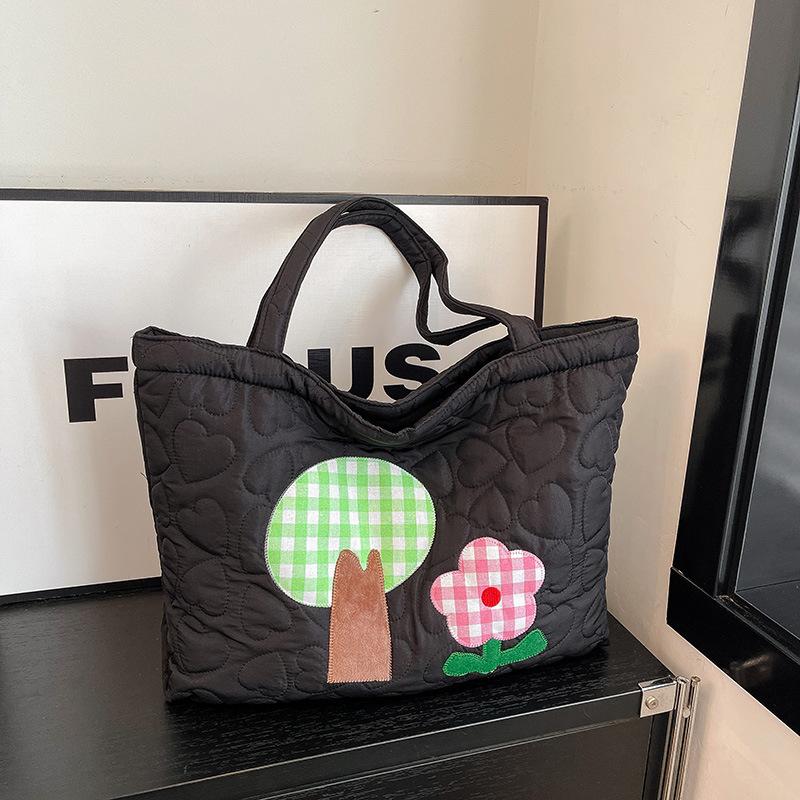 Korean Version of Padded Shoulder Bag, Cute and Sweet Summer New Large-capacity Tote Bag, Zipper Model, Embroidered Plaid.