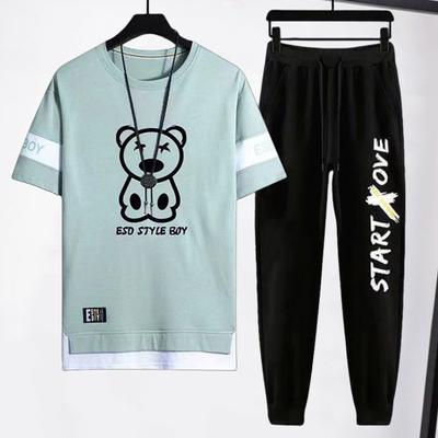 2Pcs/Set Men Casual Sportwear O-Neck Short Bear Pattern Waist T-shirt Elastic Sleeve Sweatpants Set Loose Fit Sports Wear