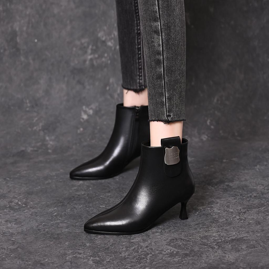 Pointed Toe Leather Warm Autumn Winter Female Short Shoes Elegant with Medium Heels Booties 2025 Hot Women's Ankle Boots