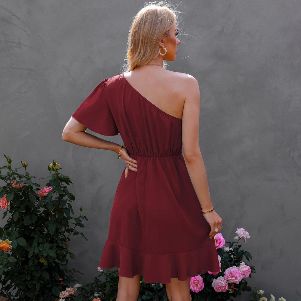 Woman Bodycon Lotus Dress Summer Fashion Short Sleeve One Shoulder Party Mini Dresses Casual Female Boho Beach Dress