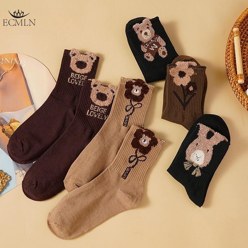 Brown Retro Cotton Socks Bear Sock Girls Comfortable Middle Tube Sock Autumn Winter Soft Kawaii Socks for Women