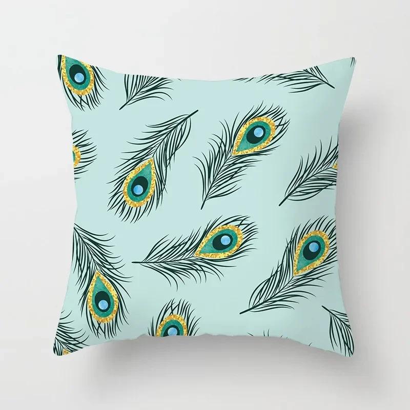 Peacock Feather Pattern Polyester Cushion Cover Throw Pillow Decorative Cushion Pillow Cover Sofa Decorative Pillow Cover