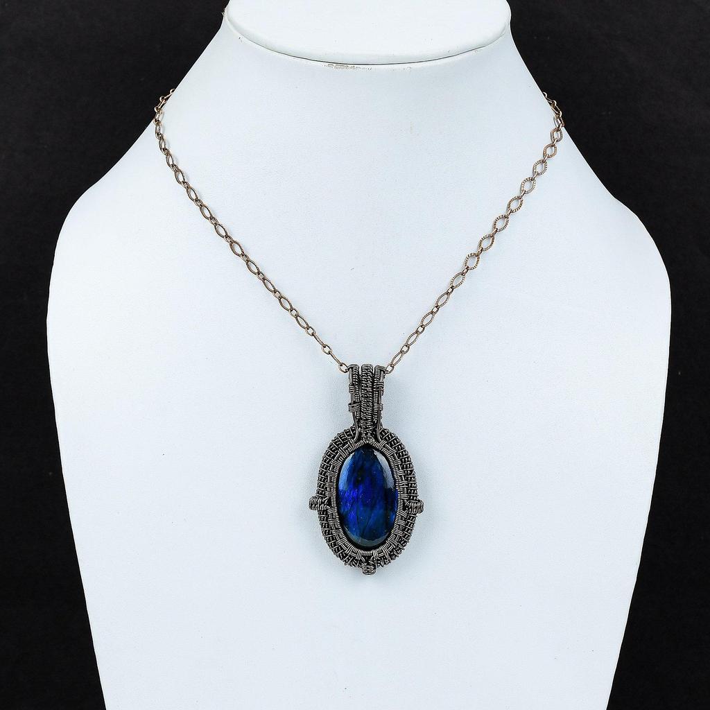 Підвіска з лабрадориту, обплетена мідним дротом, Підвіска ручної роботи, Чудові мідні прикраси, Витончена підвіска з дорогоцінним каменем, Прикраси з дроту для подарунка