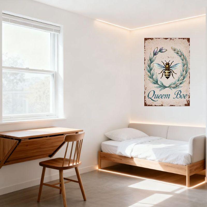 Vintage Rustic Bee Wreath Metal Tin Sign with Blue Floral Frame, 'Queem Boe' Cursive Text - Antique Aged Beige Background for Ho