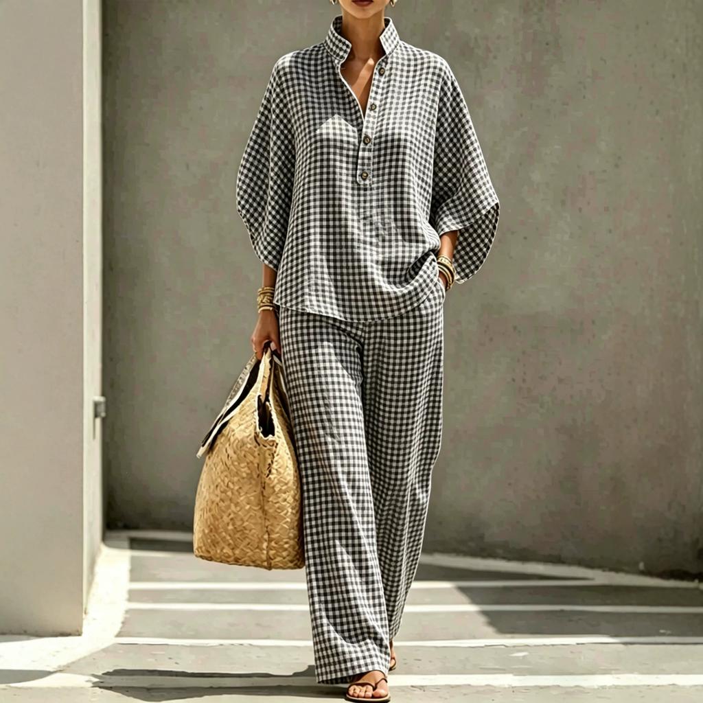 Sheng Miao Europäisches und Amerikanisches Neues Damen-Karoshemd-Set, Lässiger Urbaner Lässiger Stil