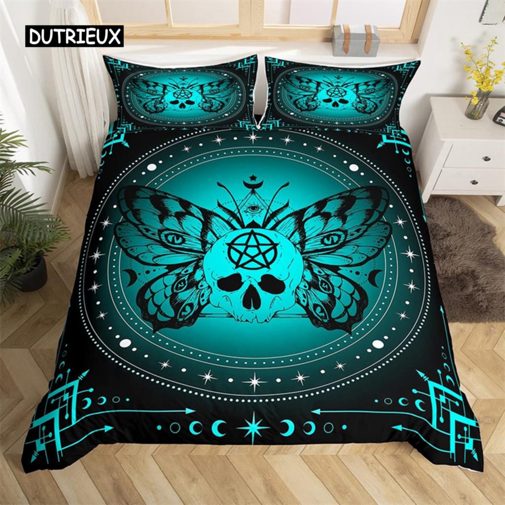 Capa de edredom borboleta e mariposa da morte, capa de edredom, caveira gótica, flor, estrela, céu, lua, conjunto de cama, poliéster, boho, exótico, preto, capa de edredom